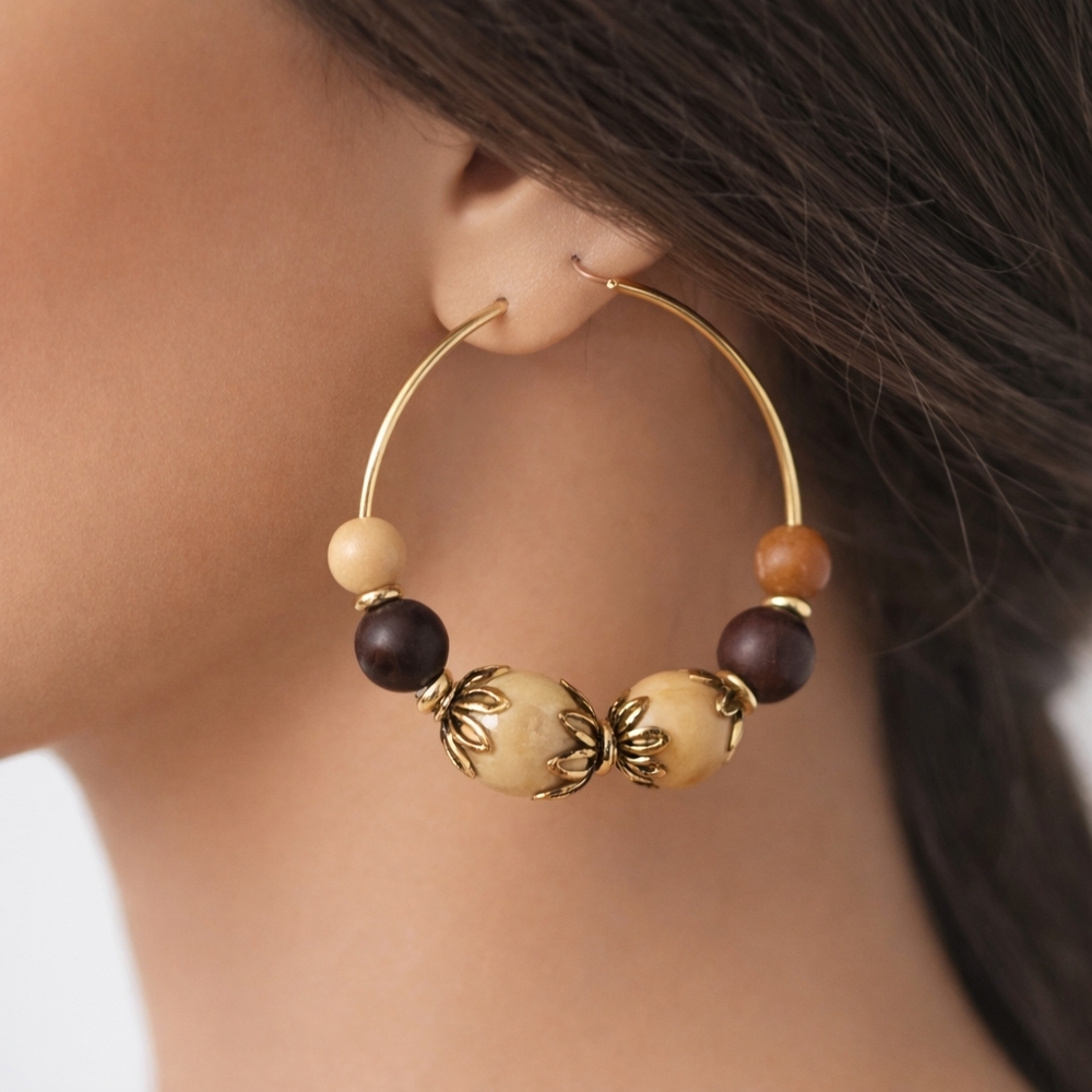 Boho Beaded Hoop Earrings – Natural Wood Look Beads, Gold-Tone Wire – Jewelry #2